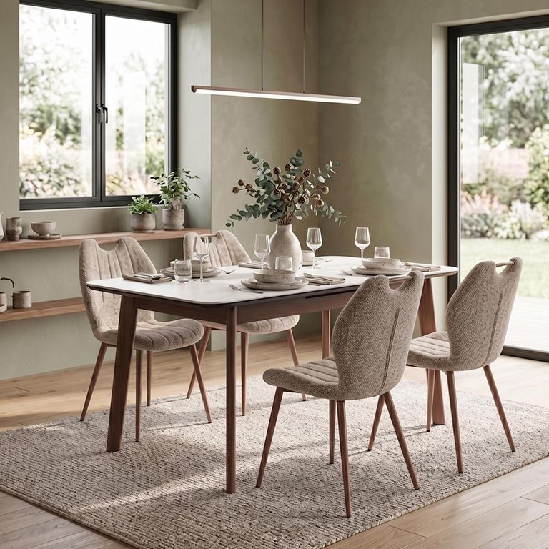 Turin Extending Dining Set - 130cm-160cm - 4-6 Seater - Off-White and Walnut - Sintered Stone Top - 4 Mocha Chair