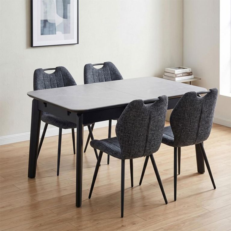 Turin Extending Dining Set - 130cm-160cm - 4-6 Seater - Grey and Black - Sintered Stone Top - 4 Dark Grey Chair