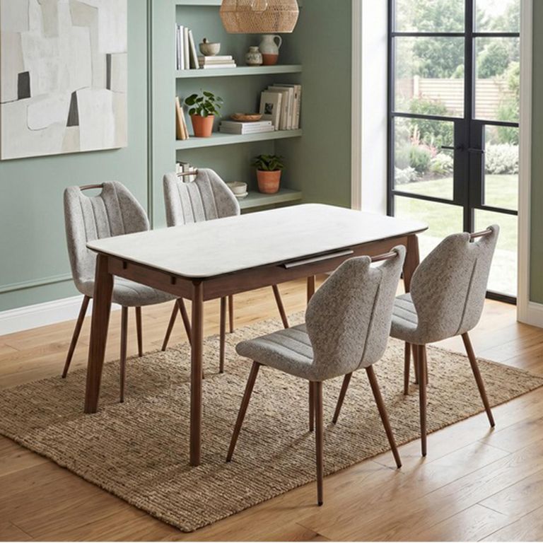 Turin Extending Dining Set - 130cm-160cm - 4-6 Seater - Off-White and Walnut - Sintered Stone Top - 4 Latte Chair