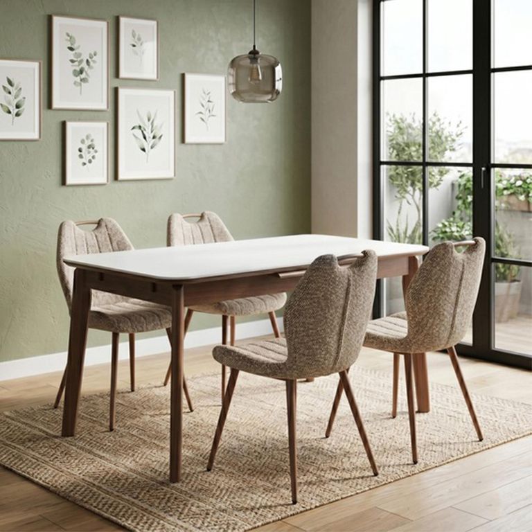 Turin Extending Dining Set - 130cm-160cm - 4-6 Seater - Off-White and Walnut - Sintered Stone Top - 4 Mocha Chair