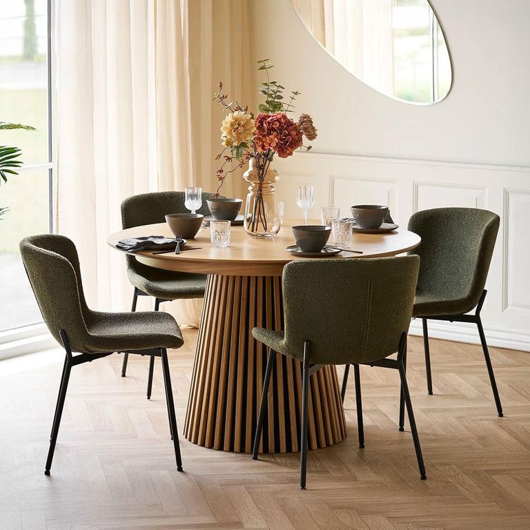 Osaka Oak Dining Set - 120cm - Round - Slatted Base - Natural - 4 Maceda Dark Green Chairs