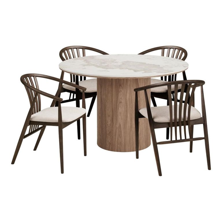 Athens Dining Set - 120cm - Round - Fluted Base - White and Brown - Ceramic and Wooden - 4 Agustin Spindle Back Chairs