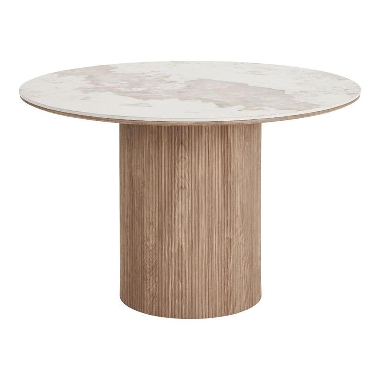 Athens Dining Set - 120cm - Round - Fluted Base - White and Brown - Ceramic and Wooden - 4 Agustin Spindle Back Chairs