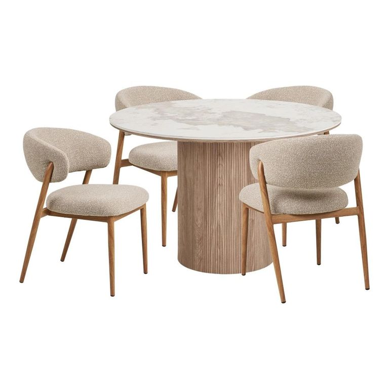 Athens Dining Set - 120cm - Round - Fluted Base - White and Brown - Ceramic and Wooden - 4 Cavi Chairs