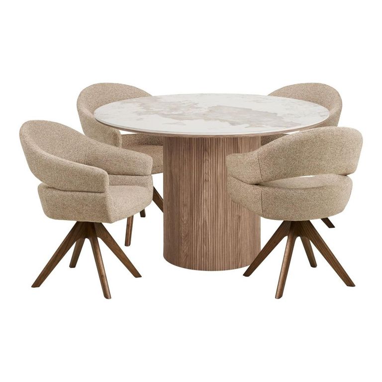Athens Dining Set - 120cm - Round - Fluted Base - White and Brown - Ceramic and Wooden - 4 Dover Sand Chairs