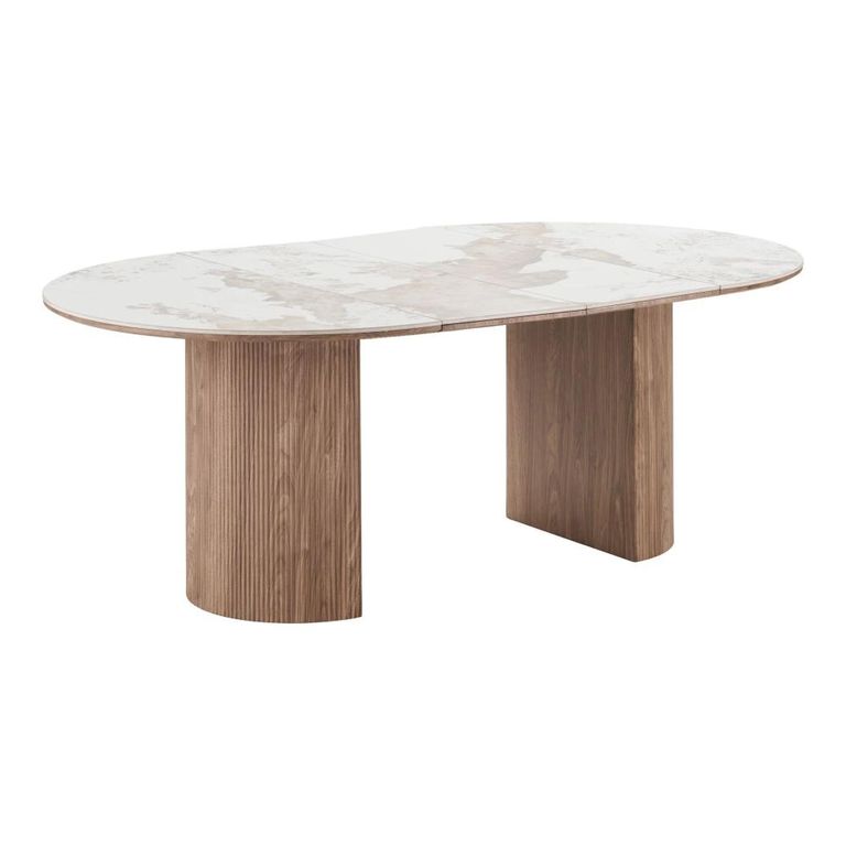 Athens Extending Dining Set - 120cm-200cm - Round - Fluted Base - White and Brown - Ceramic and Wooden - 6 Cavi Chairs