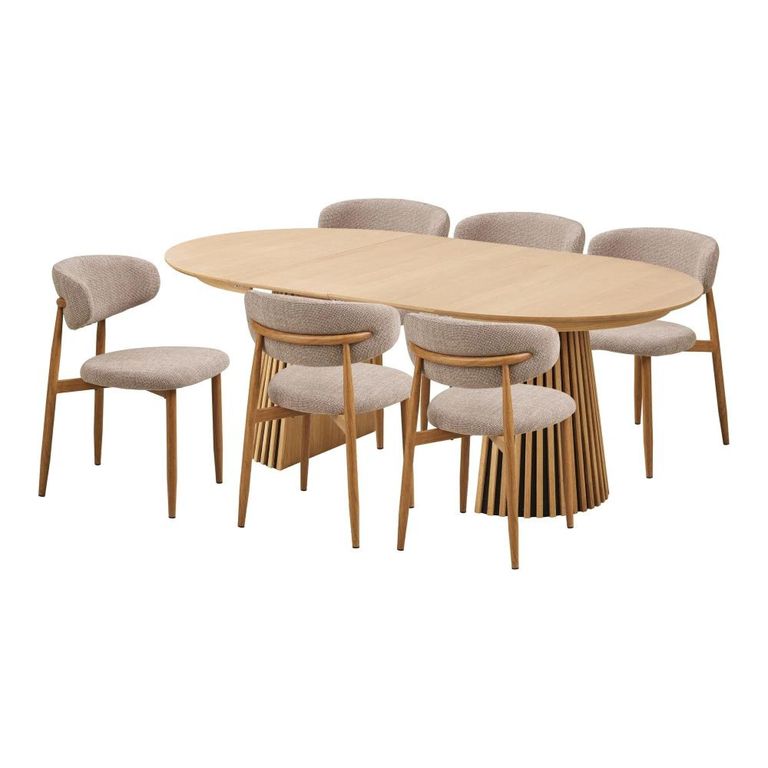 Osaka Oak Extending Dining Set - 120cm-200cm - Round - Slatted Base - Natural - 6 Isola Sand and Natural Chairs