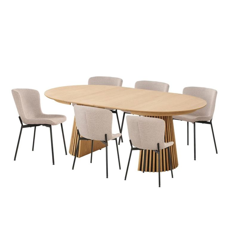 Osaka Oak Extending Dining Set - 120cm-200cm - Round - Slatted Base - Natural - 6 Maceda Beige Chairs