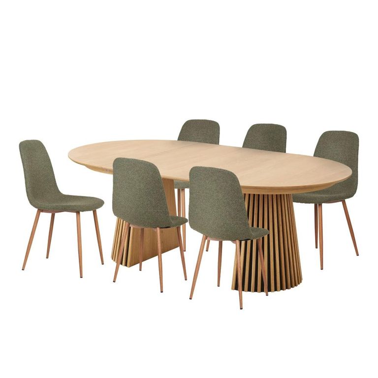 Osaka Oak Extending Dining Set - 120cm-200cm - Round - Slatted Base - Natural - 6 Stockholm Green Fabric Chairs