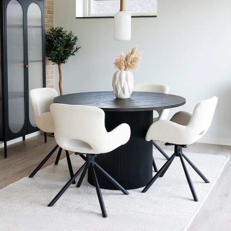 Boavista Dining Set -120cm - Round - Fluted Pedestal - Dark Brown - 4 Amorim White Swivel Armchairs