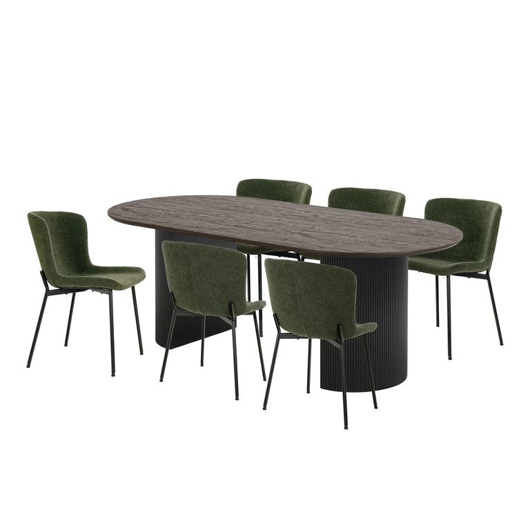 Boavista Dining Set - 210cm - Oval - Fluted Base - Dark Brown - 6 Maceda Dark Green Chairs