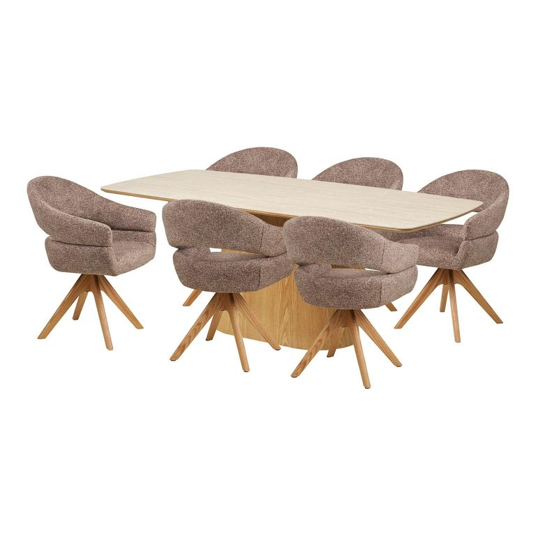 Noli Dining Set - 200cm - Pedestal Base - Natural - Ceramic and Wooden - 6 Dover Brown Swivel Armchairs
