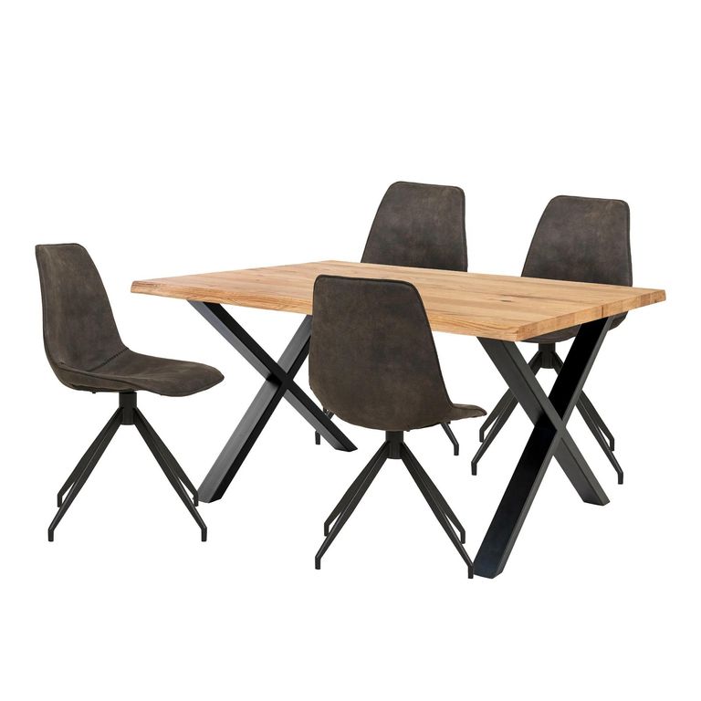 Toulon Dining Set - 140cm - Wavy Edge - Cross Leg - Natural and Black - Oak and Metal - 4 Monaco Grey Swivel Chairs