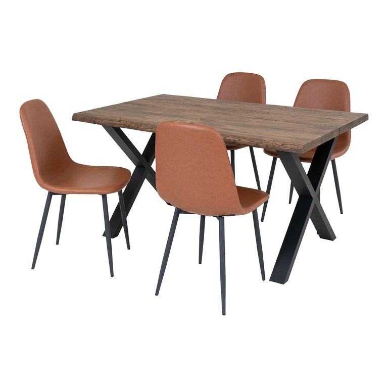 Toulon Dining Set - 140cm - Wavy Edge - Cross Leg - Smoked and Black - Oak and Metal - 4 Stockholm Vintage Brown Chairs