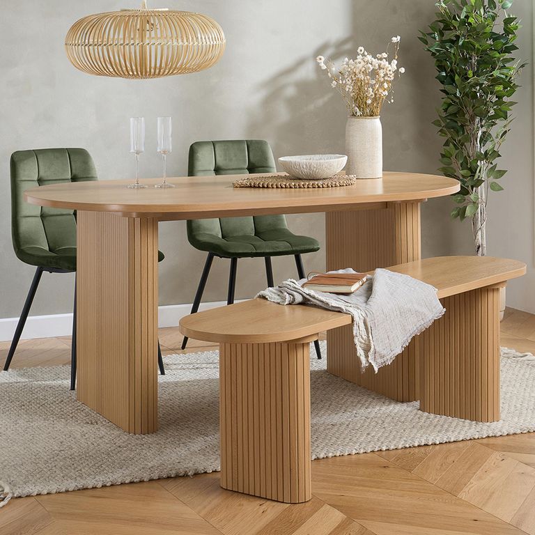 Axel Dining Set - 160cm - 6 Seater - Oval - Fluted - Oak - 2 Chair and 1 Bench