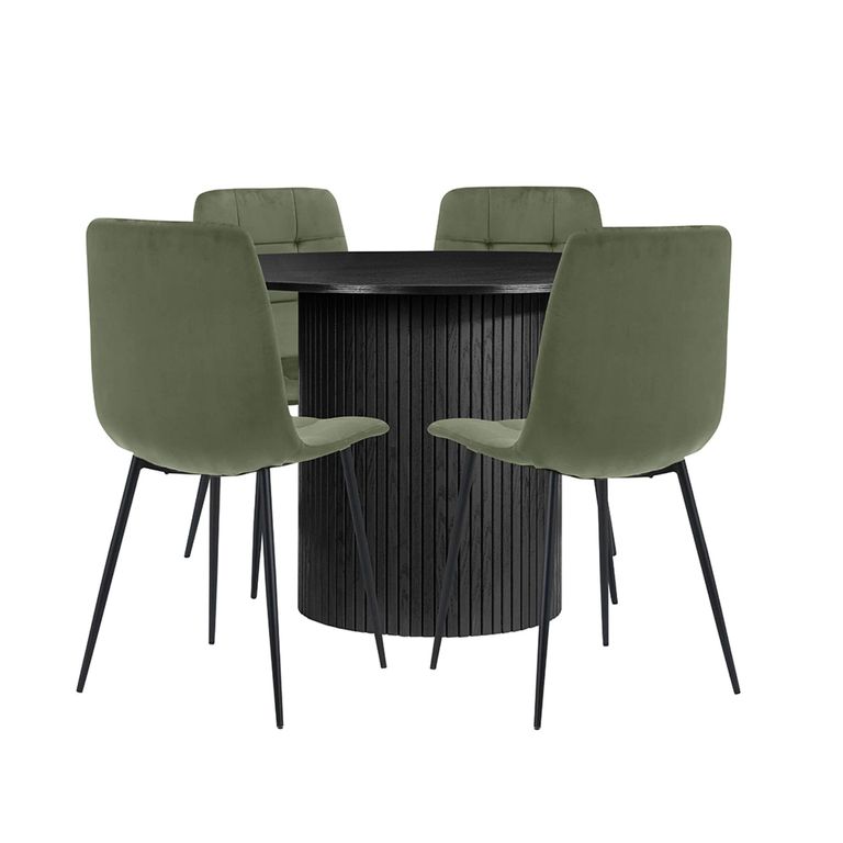 Axel Dining Set - 120cm - 4 Seater - Round - Fluted - Black - Wood - 4 Chair