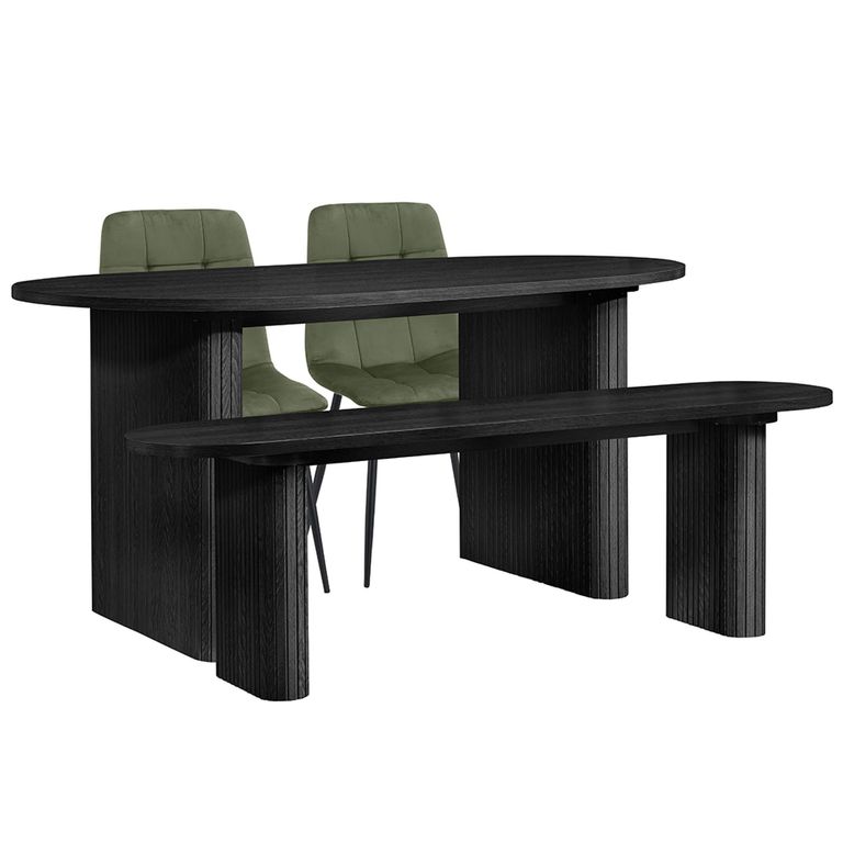 Axel Dining Set - 160cm - 6 Seater - Oval - Fluted - Black - Wood - 2 Chair and 1 Bench
