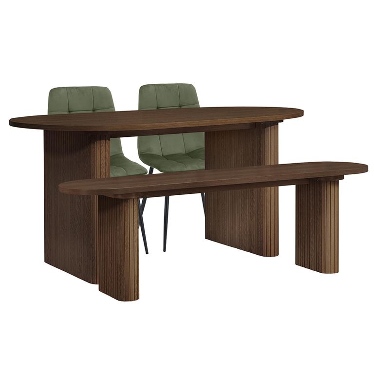 Axel Dining Set - 160cm - 6 Seater - Oval - Fluted - Walnut - 2 Chair and 1 Bench