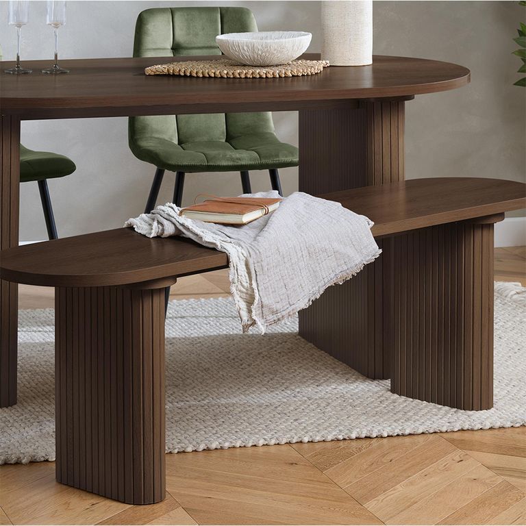 Axel Dining Set - 160cm - 6 Seater - Oval - Fluted - Walnut - 2 Chair and 1 Bench