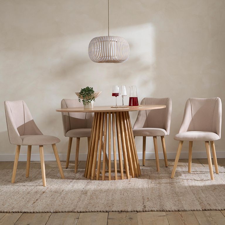 Kylo Oak Dining Set - 120cm - 4 Seater - Round - Slatted Base - 4 Fabric Chair