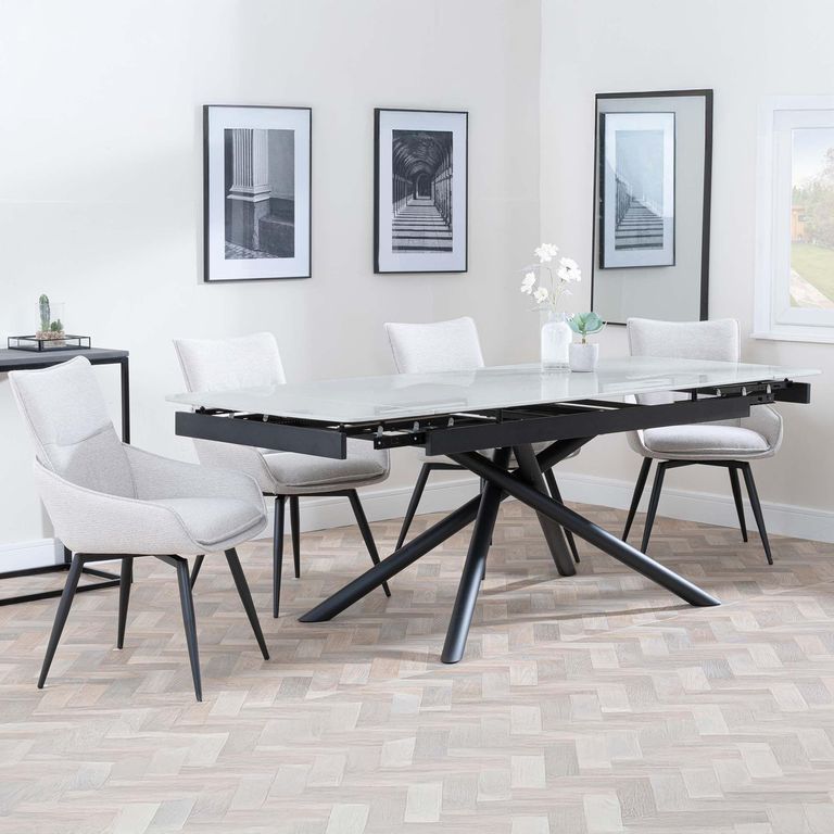 Apollo Extending Dining Set - 6-10 Seater - 160cm-220cm - Grey Ceramic - Ace Swivel Dining Chair - Beige Fabric