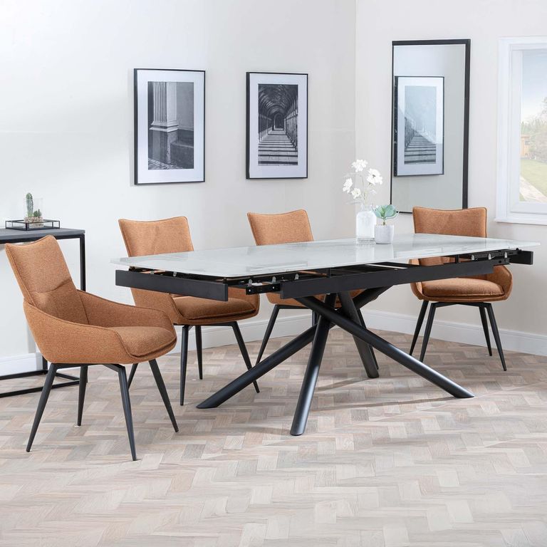 Apollo Extending Dining Set - 6-10 Seater - 160cm-220cm - Grey Ceramic - Ace Swivel Dining Chair - Orange Fabric