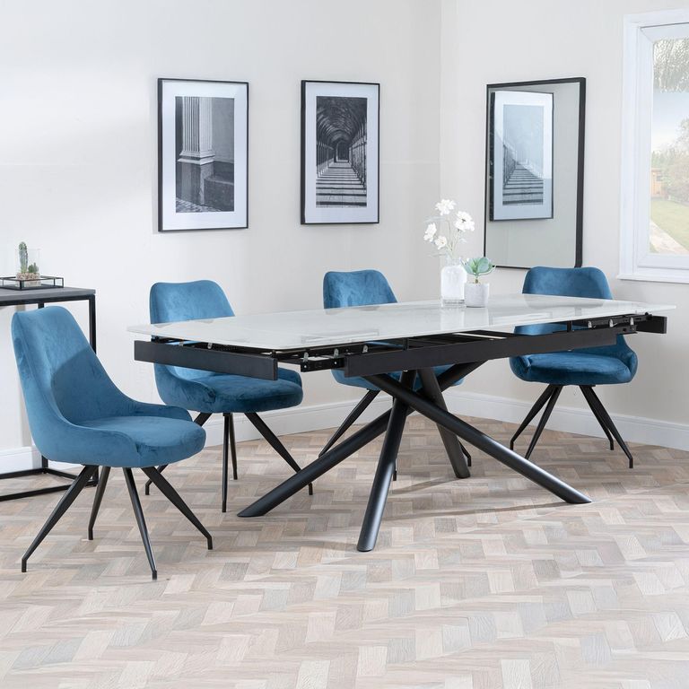 Apollo Extending Dining Set - 6-10 Seater - 160cm-220cm - Grey Ceramic - Arctic Swivel Dining Chair - Blue Velvet Fabric