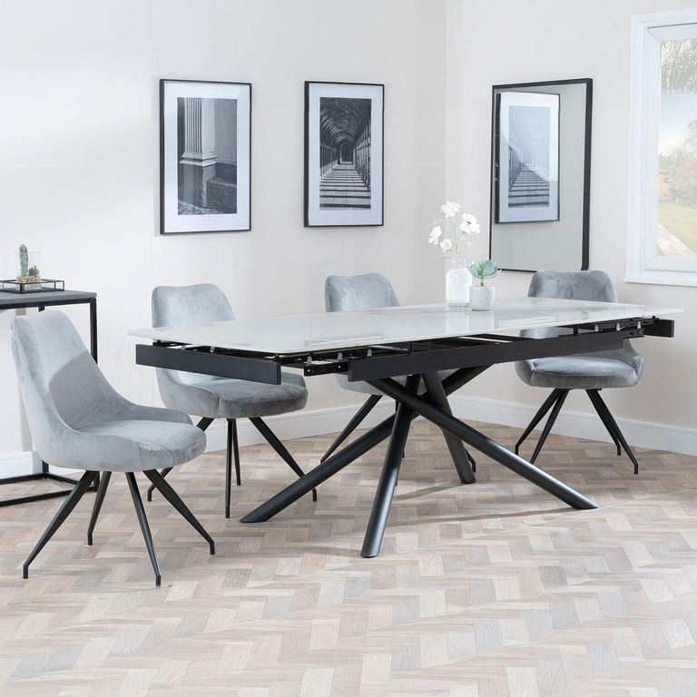 Apollo Extending Dining Set - 6-10 Seater - 160cm-220cm - Grey Ceramic - Arctic Swivel Dining Chair - Grey Velvet Fabric