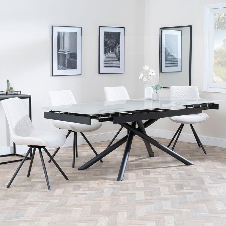 Apollo Extending Dining Set - 6-10 Seater - 160cm-220cm - Grey Ceramic - Boden Swivel Dining Chair - Cream Fabric