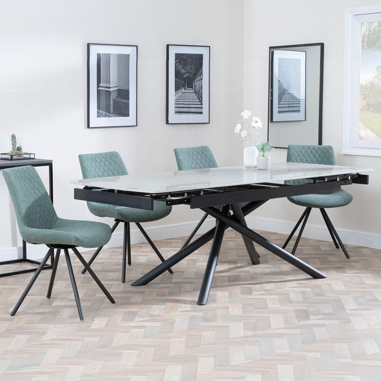 Apollo Extending Dining Set - 6-10 Seater - 160cm-220cm - Grey Ceramic - Boden Swivel Dining Chair - Green Fabric