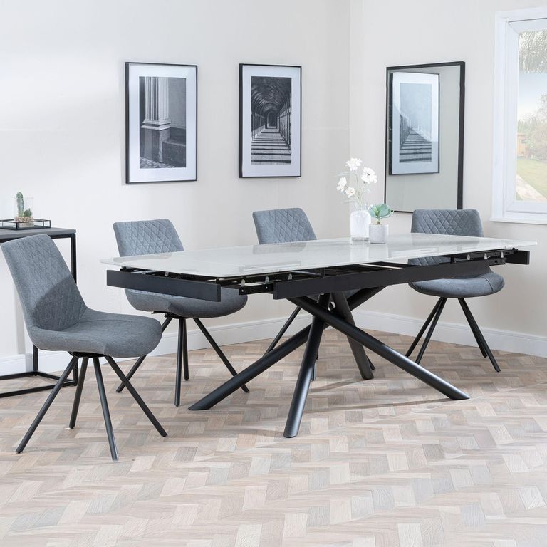Apollo Extending Dining Set - 6-10 Seater - 160cm-220cm - Grey Ceramic - Boden Swivel Dining Chair - Grey Fabric