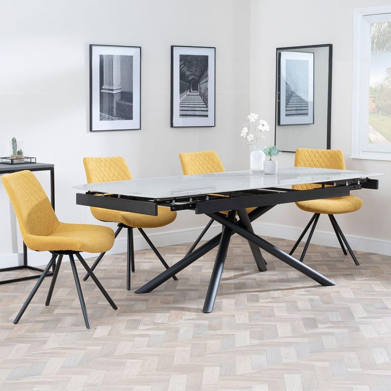 Apollo Extending Dining Set - 6-10 Seater - 160cm-220cm - Grey Ceramic - Boden Swivel Dining Chair - Yellow Fabric