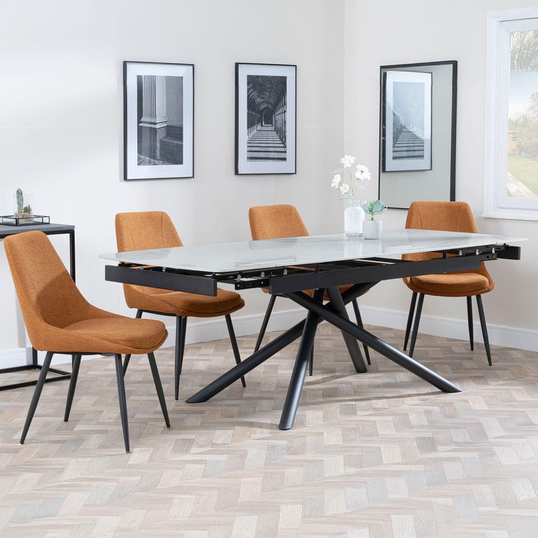 Apollo Extending Dining Set - 6-10 Seater - 160cm-220cm - Grey Ceramic - Darwin Dining Chair - Orange Fabric