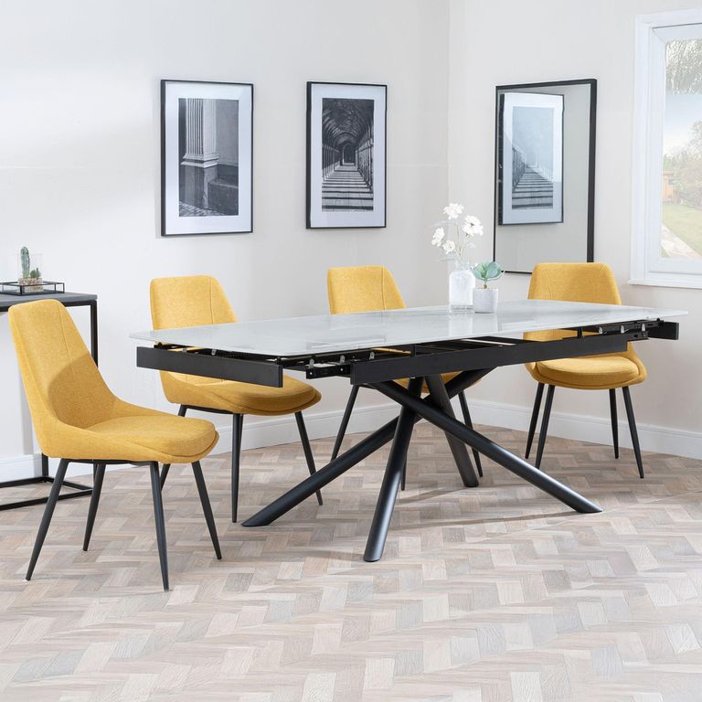 Apollo Extending Dining Set - 6-10 Seater - 160cm-220cm - Grey Ceramic - Darwin Dining Chair - Yellow Fabric