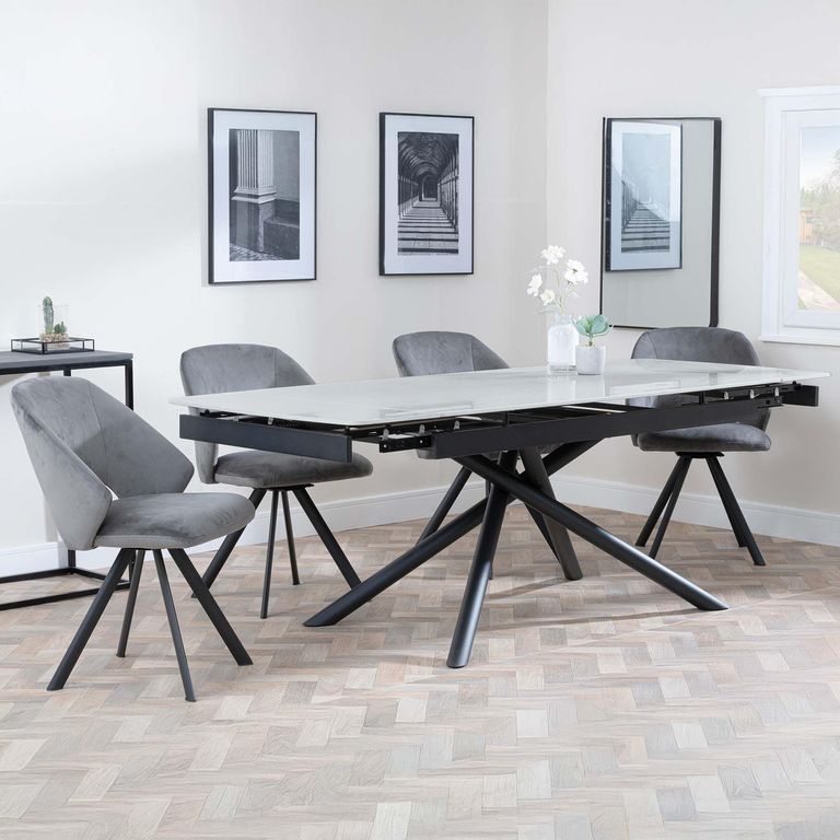 Apollo Extending Dining Set - 6-10 Seater - 160cm-220cm - Grey Ceramic - Ion Swivel Dining Chair - Dark Grey Velvet Fabric
