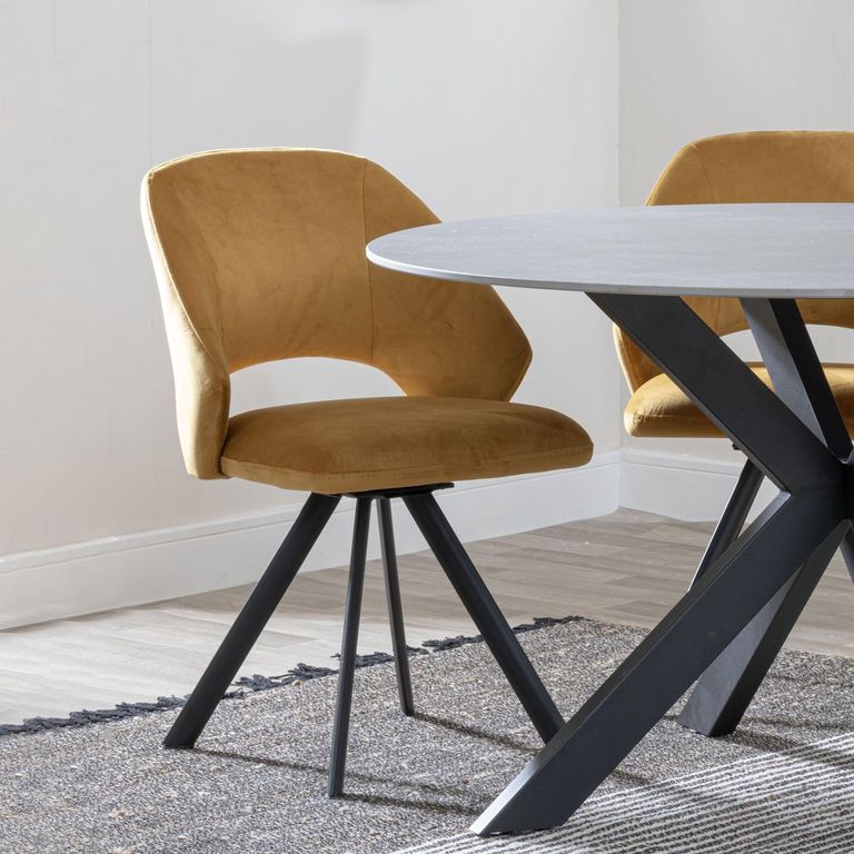 Apollo Extending Dining Set - 6-10 Seater - 160cm-220cm - Grey Ceramic - Ion Swivel Dining Chair - Mustard Velvet Fabric