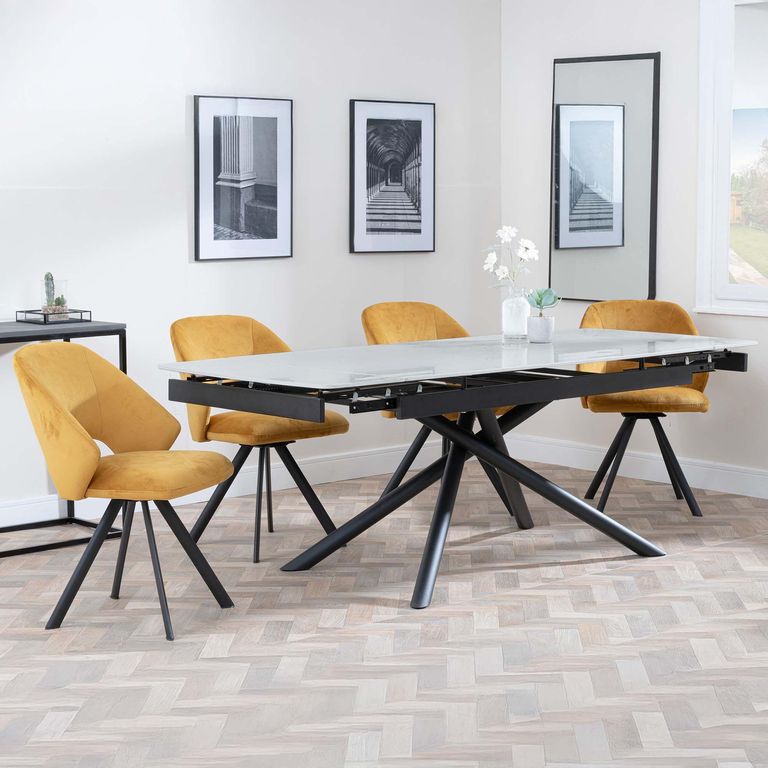 Apollo Extending Dining Set - 6-10 Seater - 160cm-220cm - Grey Ceramic - Ion Swivel Dining Chair - Mustard Velvet Fabric