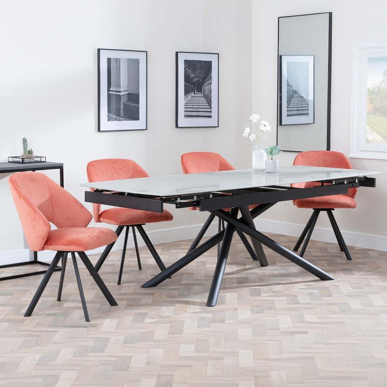 Apollo Extending Dining Set - 6-10 Seater - 160cm-220cm - Grey Ceramic - Ion Swivel Dining Chair - Orange Velvet Fabric