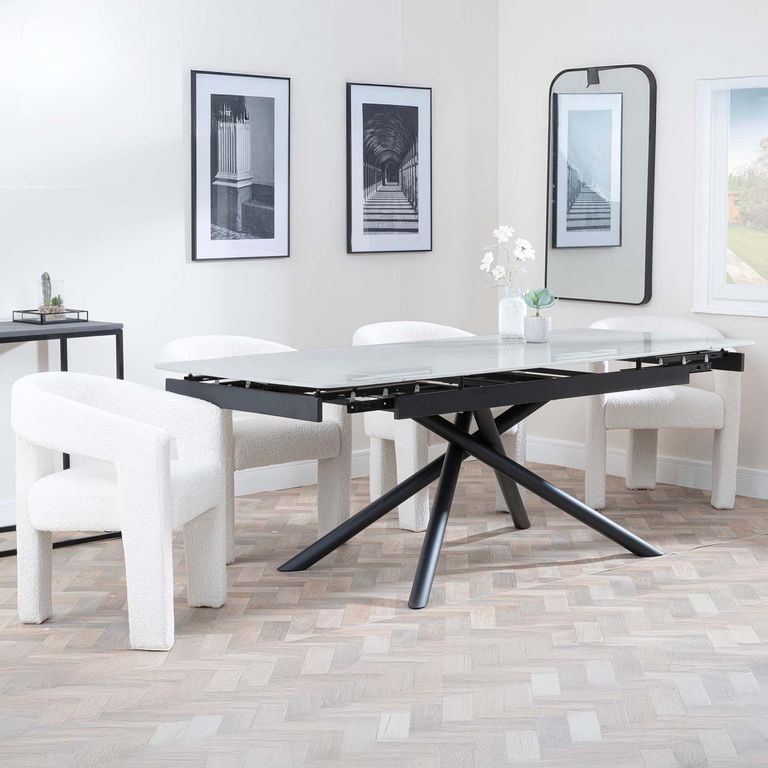 Apollo Extending Dining Set - 6-10 Seater - 160cm-220cm - Grey Ceramic - Kiefer Dining Chair - Cream Boucle Fabric