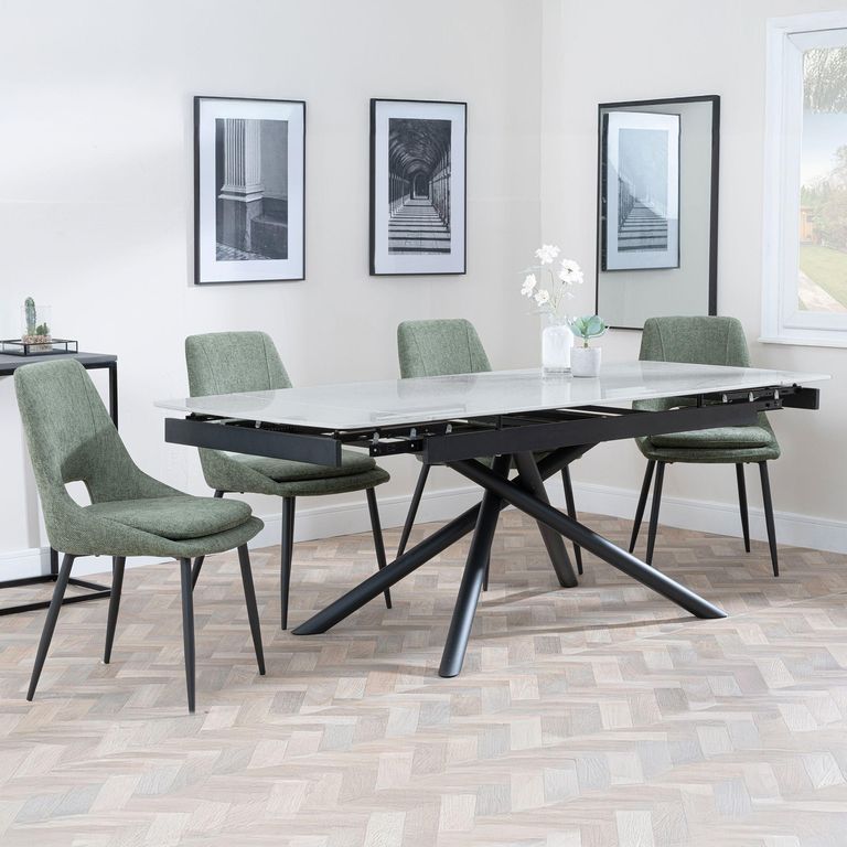 Apollo Extending Dining Set - 6-10 Seater - 160cm-220cm - Grey Ceramic - Peyton Dining Chair - Green Fabric