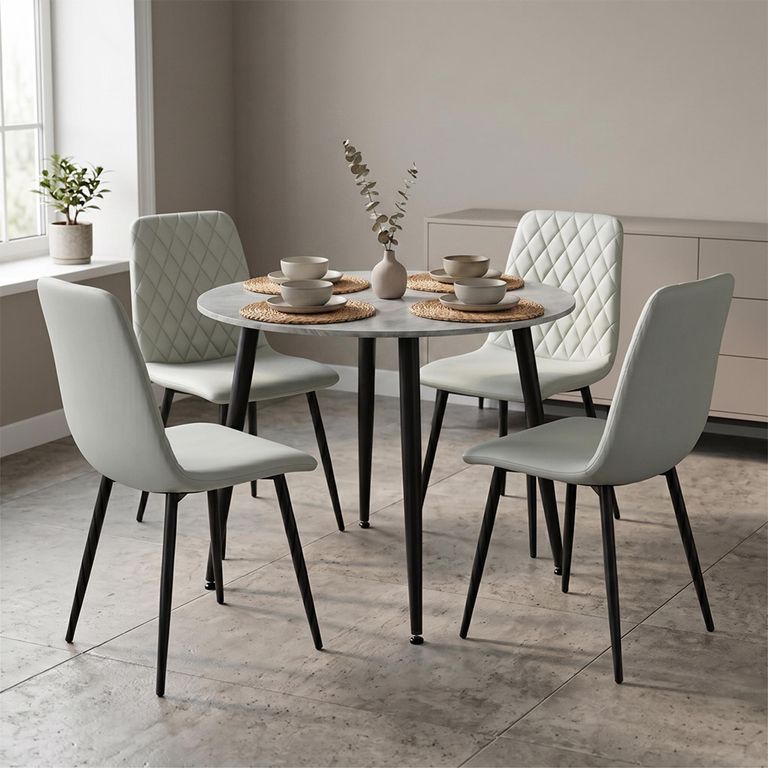 Argenta Dining Set - 90cm - 4 Seater - Round - Light Grey and Black - Sintered Stone Top - 4 Chair