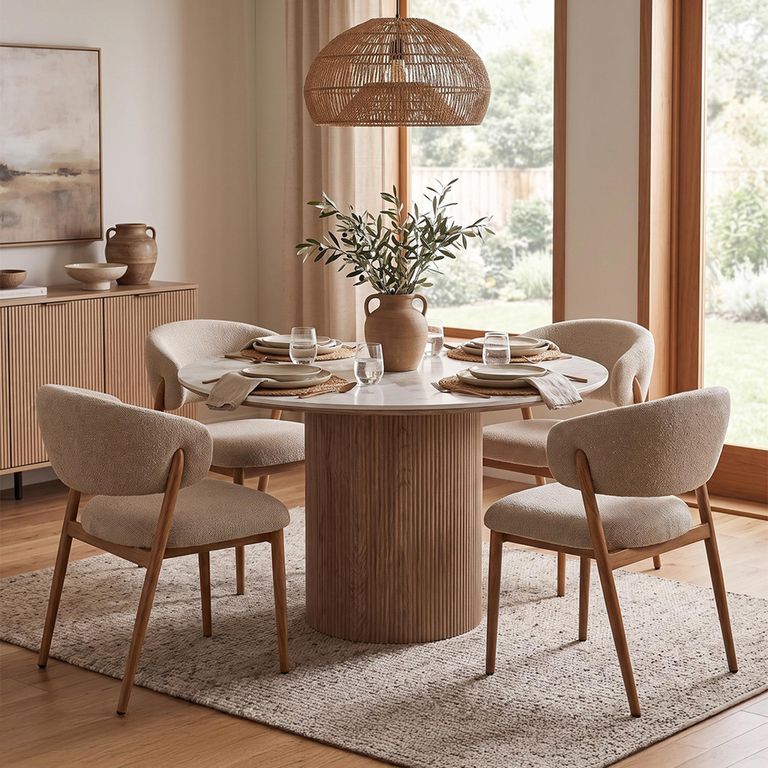 Athens Dining Set - 120cm - Round - Fluted Base - White and Brown - Ceramic and Wooden - 4 Cavi Chairs
