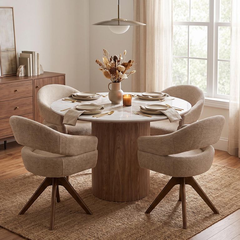 Athens Dining Set - 120cm - Round - Fluted Base - White and Brown - Ceramic and Wooden - 4 Dover Sand Chairs