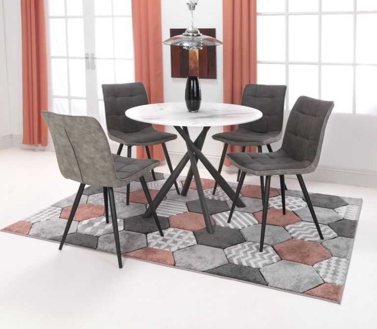 Avesta Dining Set - 4 Seater - 100cm - Round - White Marble Effect - 4 Rodeo Dark Grey Chairs