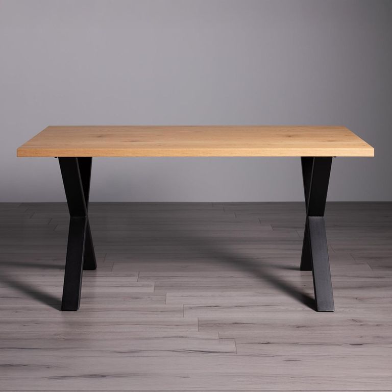 Ramsay Oak Dining Table Set - 6 Seater - 160cm - X Leg - 6 Mondrian Dark Grey Faux Leather Chairs