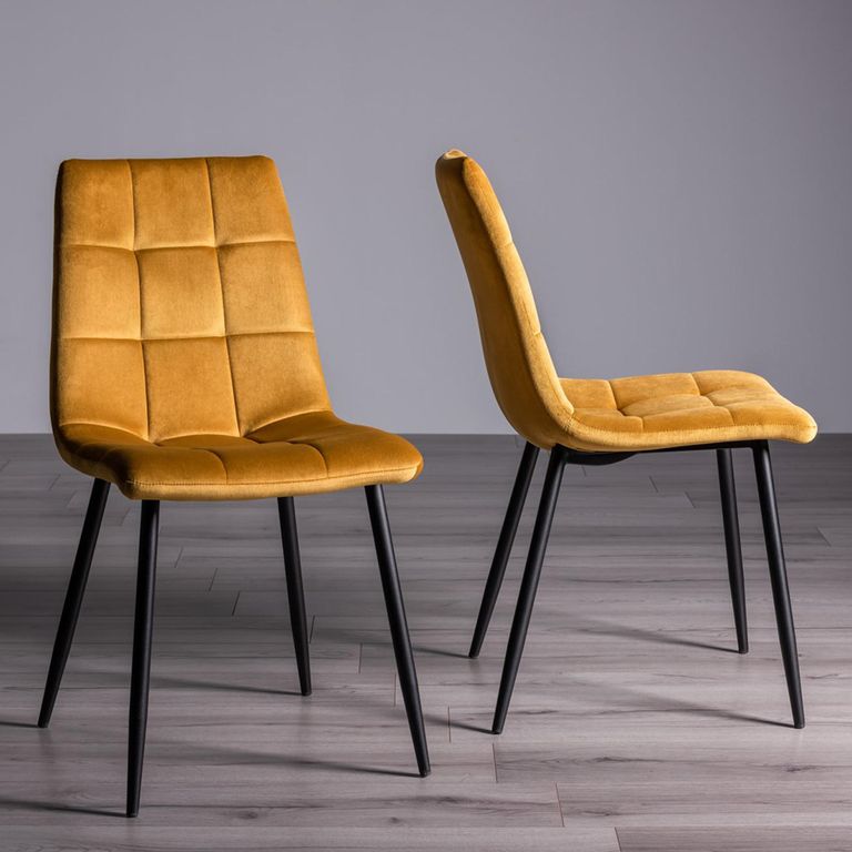 Ramsay Oak Dining Table Set - 6 Seater - 160cm - X Leg - 6 Mondrian Mustard Velvet Chairs
