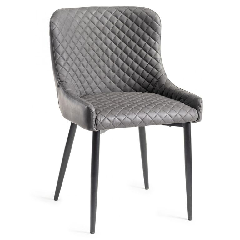 Turin Glass Round Dining Table - 4 Seater - 120cm - Dark Oak Legs - 4 Cezanne Dark Grey Faux Leather Chairs - Black Legs