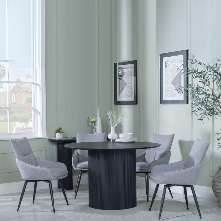 Bern Fluted Dining Set - 4 Seater - 120cm - Round - Black - 4x Ace Swivel Dining Chairs - Grey Fabric