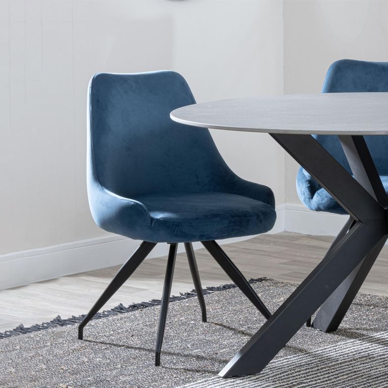 Bern Fluted Dining Set - 6 Seater - 160cm - Black - Arctic Swivel Dining Chairs - Blue Velvet Fabric
