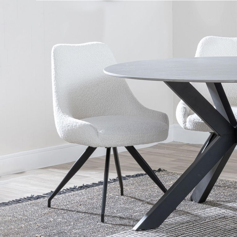 Bern Fluted Dining Set - 6 Seater - 160cm - Black - Arctic Swivel Dining Chairs - Cream Velvet Fabric